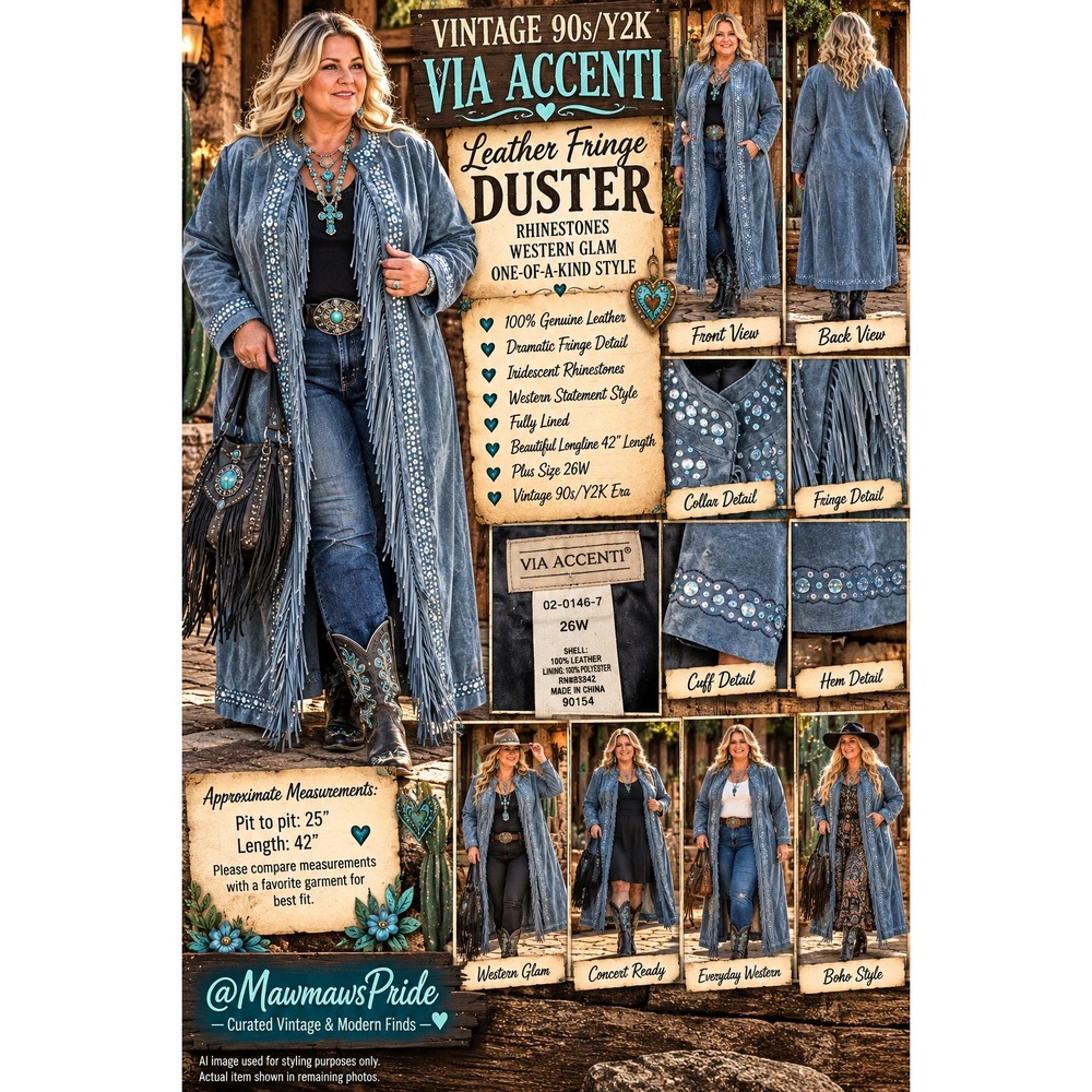 Vintage 90s Y2K Via Accenti 26W Leather Fringe Duster Rhinestone Western Coat
